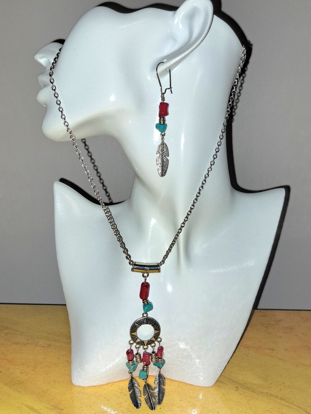 Natural Turquoise & Bamboo Coral Southwest Pendant & Earrings in Stainless Steel